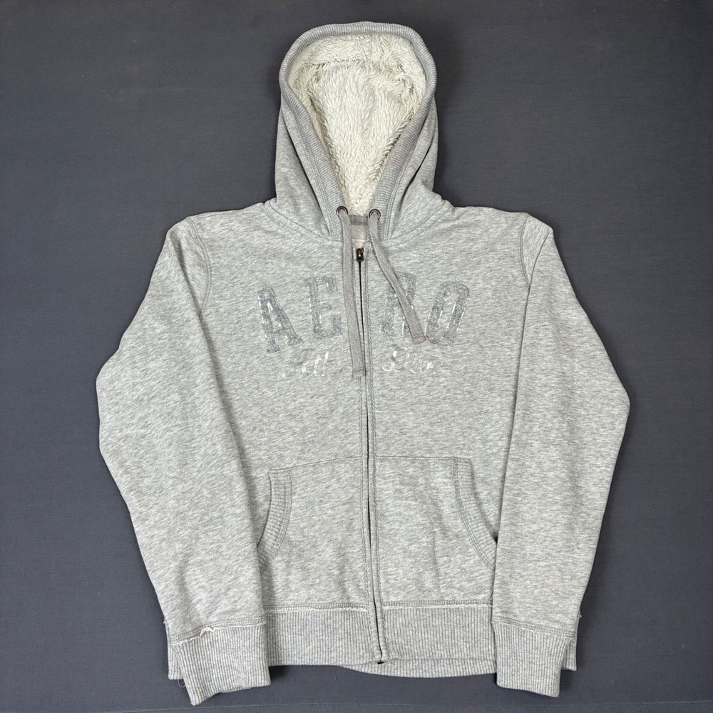 Y2K Aeropostale Fleece Sherpa Lined Full Zip Gray Hoodie Women's Size Medium